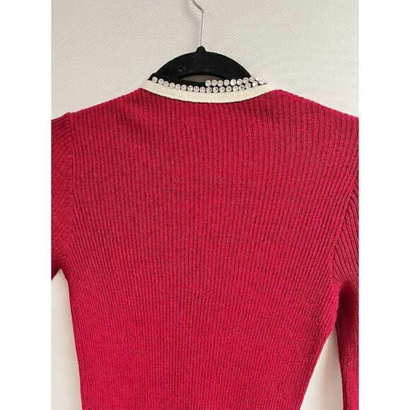 Vintage Womens Long Sleeve Embellished Stones Ribbed Stretch Skater Dress Red - Picture 10 of 10